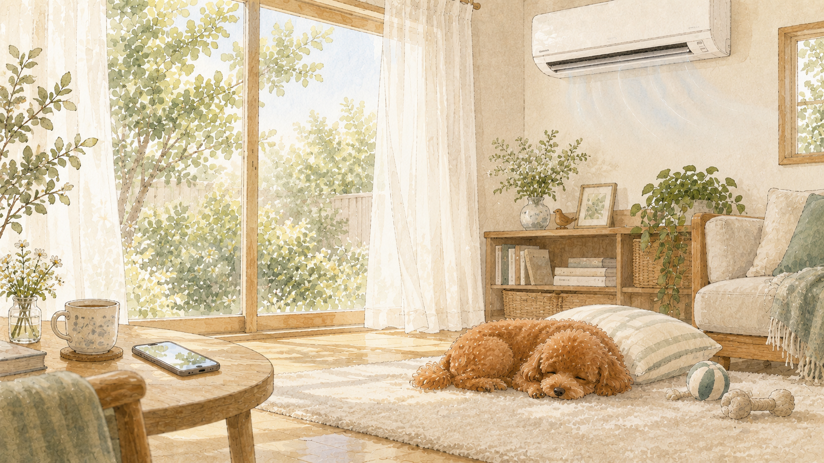 エアコンが効いた部屋でくつろぐトイプードル
