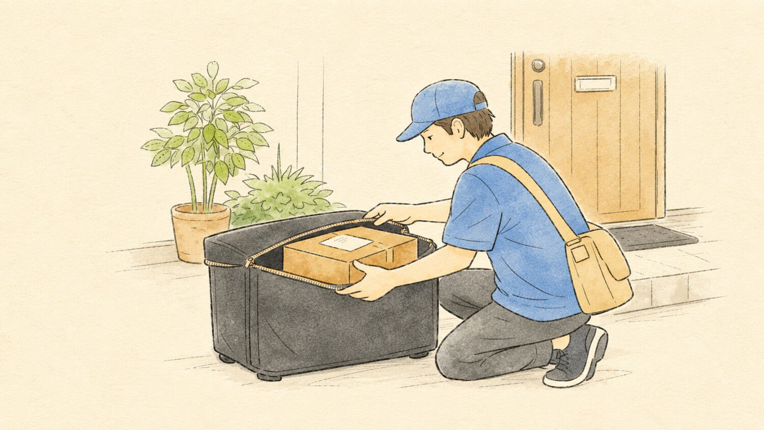 宅配ボックスに荷物を入れる配達員