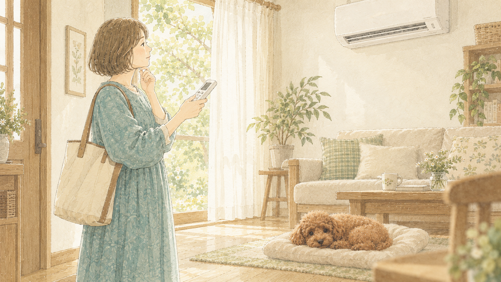 夏の光と犬のいるリビング