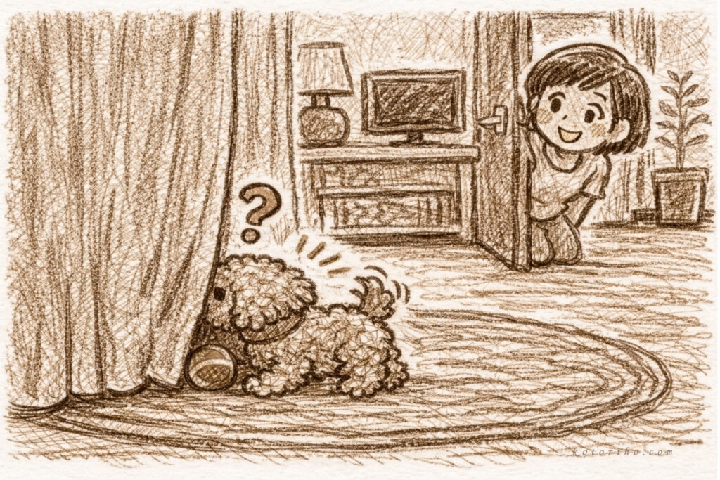 【ハルの絵日記】ぼくはボールが欲しい。でもカーテンの向こうは危険地帯