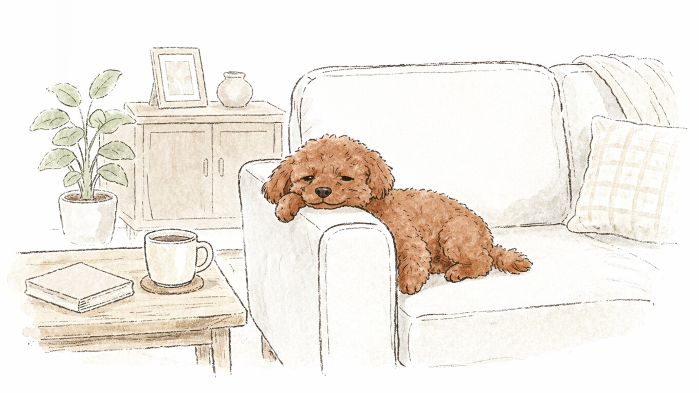 ハルがソファのひじ掛けに顔を乗せている