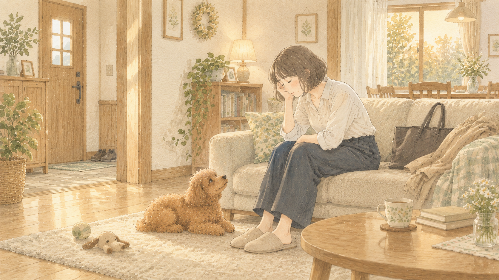 夕暮れの帰宅と寄り添う犬