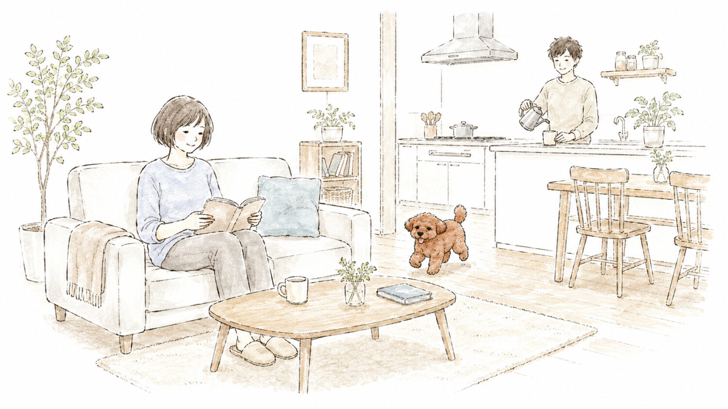 キッチンとリビングの動線が見える穏やかな部屋