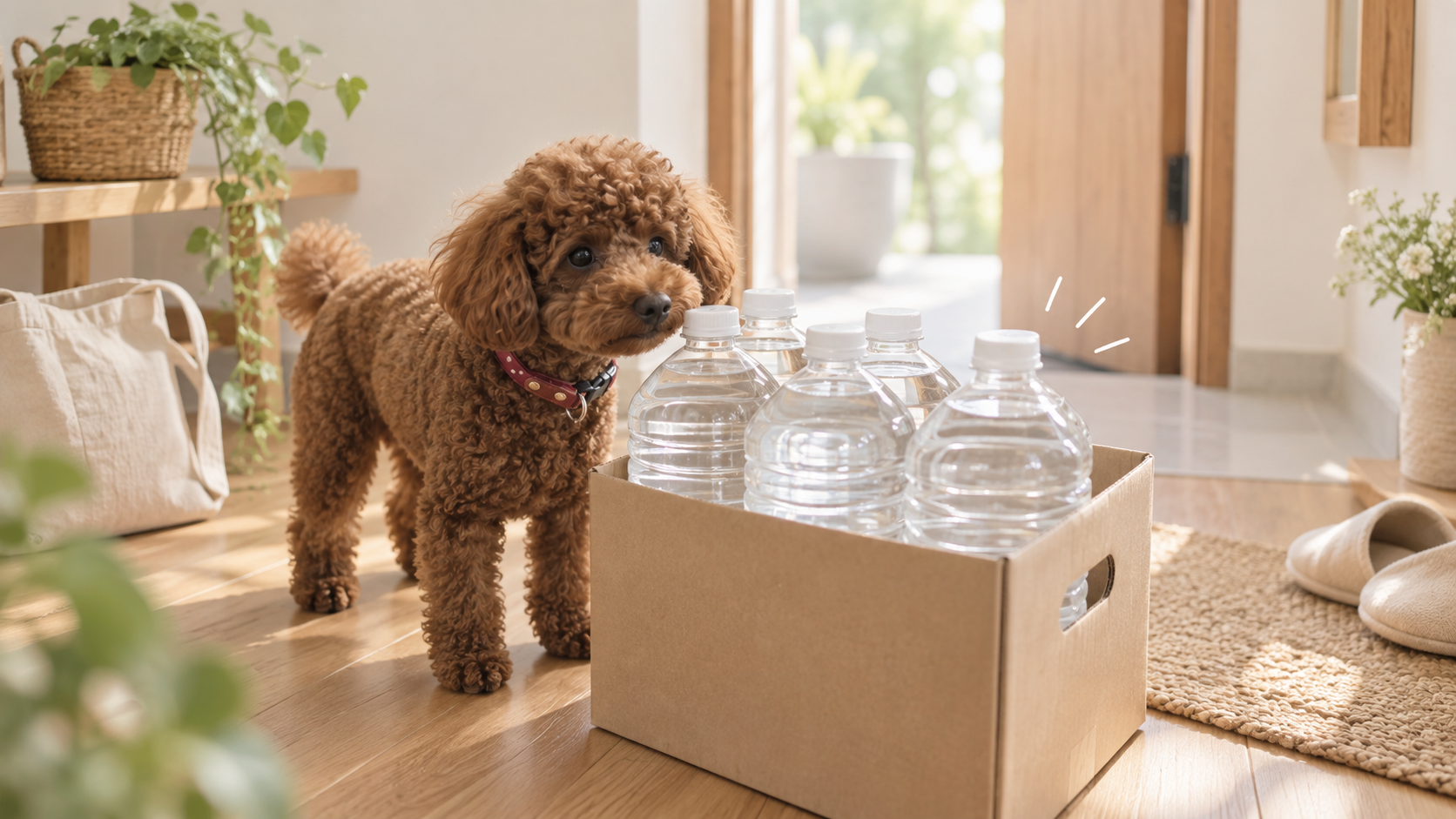 重い水を見つめる小さな愛犬